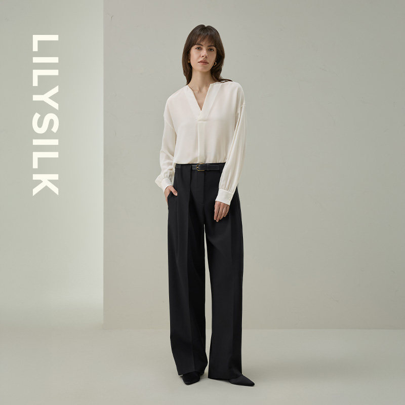 温柔本白开襟V领衬衫莉莉秀客女垂坠感显瘦长袖双绉上衣LILYSILK