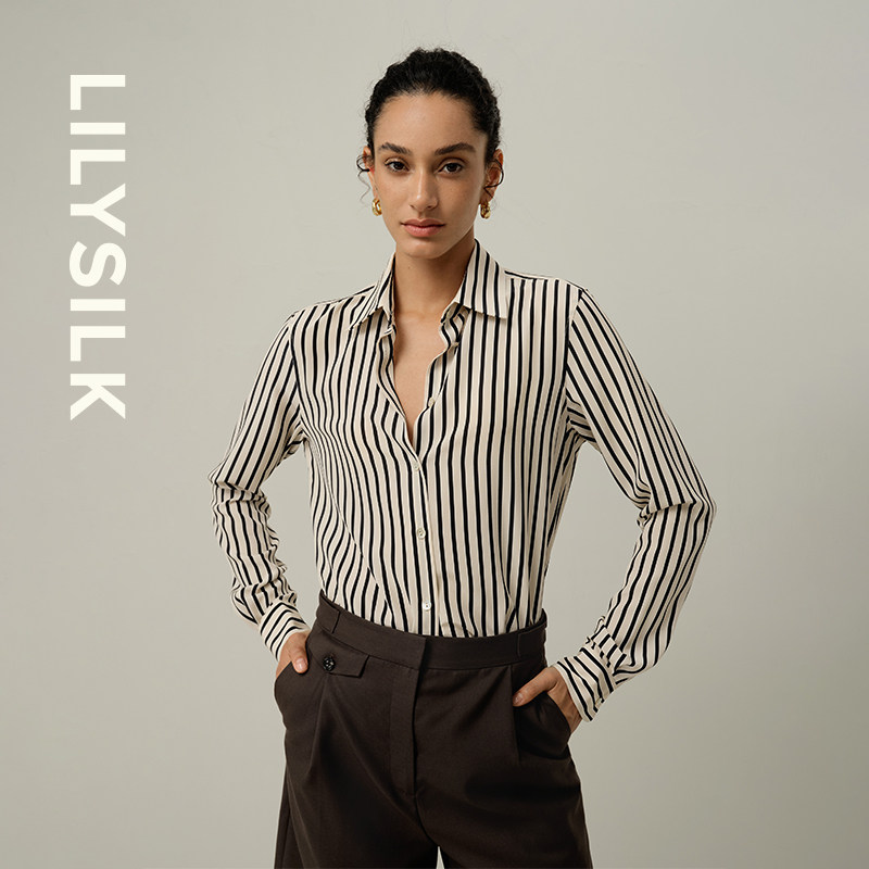 桑蚕丝条纹衬衫莉莉秀客女士时尚通勤衬衣舒适百搭贝母扣LILYSILK