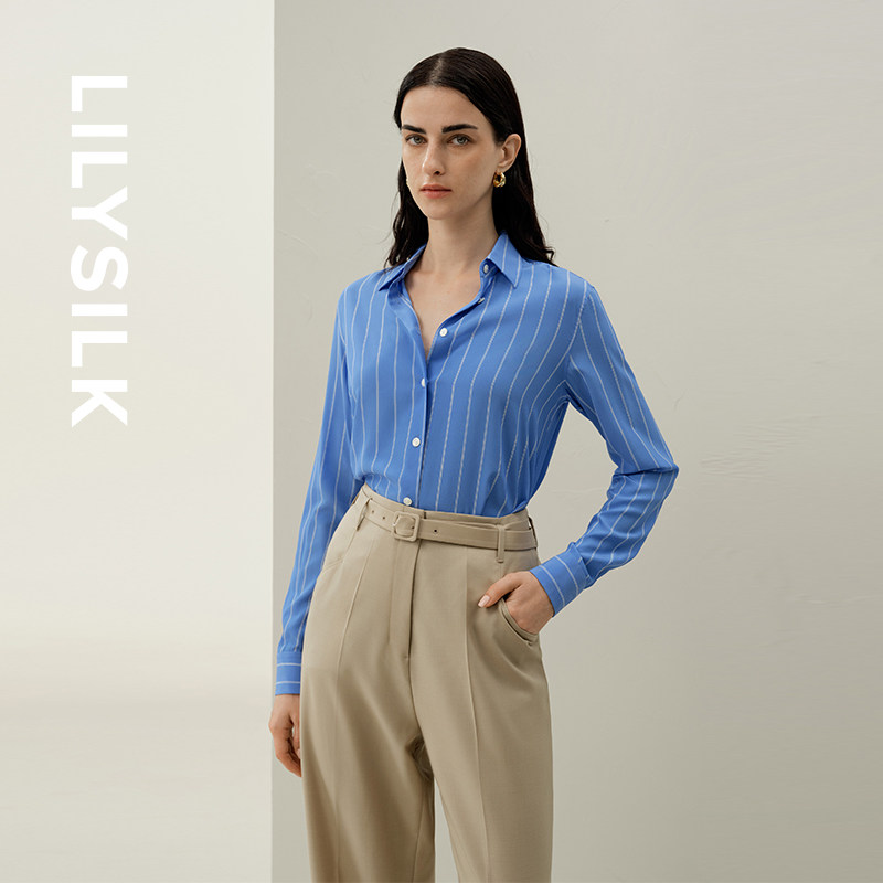 真丝衬衫莉莉秀客新款桑蚕丝时尚条纹女士上衣舒适通勤款LILYSILK