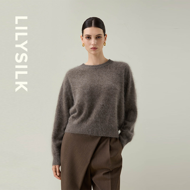山羊绒圆领短款毛衣女莉莉秀客落肩宽松软糯套头拉毛上衣LILYSILK