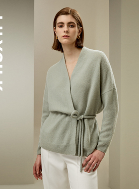 LILYSILK莉莉秀客V领系带羊绒桑蚕丝混纺开衫简约宽松毛衣秋冬女