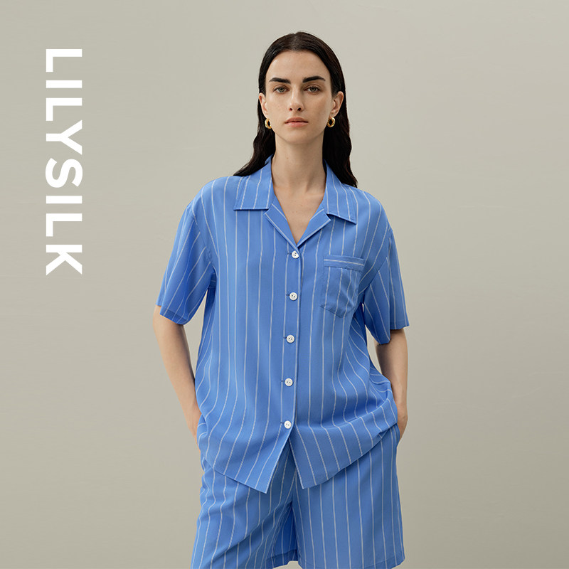 真丝衬衫莉莉秀客桑蚕丝短袖时尚条纹女士上衣舒适通勤款LILYSILK