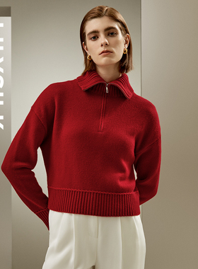 LILYSILK莉莉秀客经典落肩宽松拉链大翻领羊毛羊绒混纺毛衣针织衫