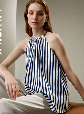 LILYSILK莉莉秀客新款海军条纹挂脖真丝上衣吊带度假风女