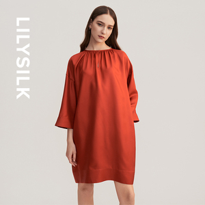 LILYSILK莉莉秀客真丝宽松显瘦连衣裙女士外穿中短袖衬衫舒适长裙