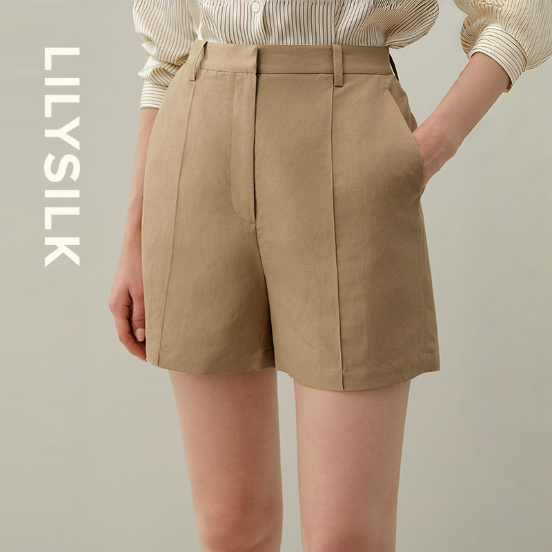 桑蚕丝亚麻混纺短裤莉莉秀客舒适裤子女士高腰裤后松紧LILYSILK