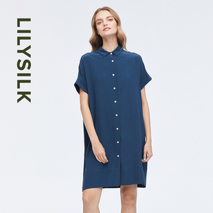 莉莉秀客LILYSILK女士真丝衬衫裙短袖舒适宽松遮肉翻领连衣裙