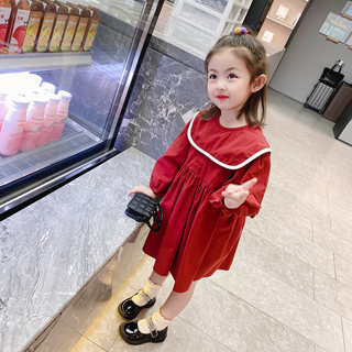 2023新款童装春秋装3-8岁女童秋季连衣裙红色裙子洋气宝宝学院风