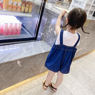 清仓夏装新款3-8岁女童洋气牛仔背带短裤套装夏季宝宝2件套潮