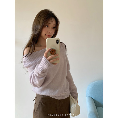 羊毛马海毛一字翻领毛衣女