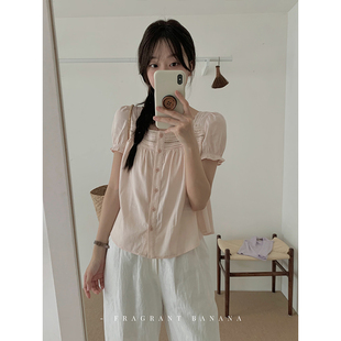 蕉 衬衫 香香 苎麻棉镂空花边方领短袖 温柔粉上衣 女夏季 新款