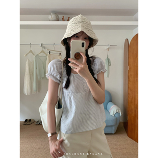 香香的蕉 韩系温柔蓝格子小衫女短款泡泡袖上衣