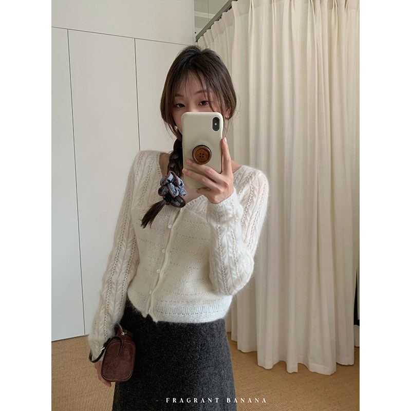 海马毛镂空V领开衫女秋冬