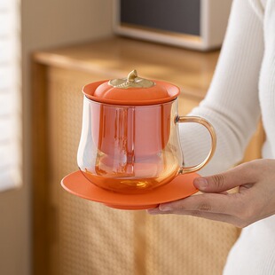 柿柿如意玻璃茶水分离泡茶杯办公室喝水杯带盖过滤马克杯礼盒