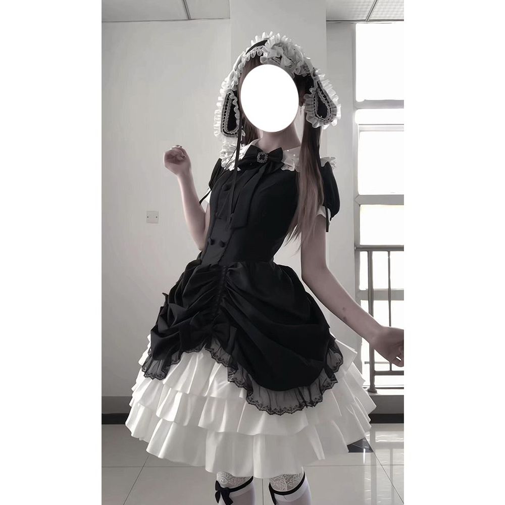 黑曜石 小众设计哥特暗黑doll感夏季古早Lolita黑白拼接连衣裙女