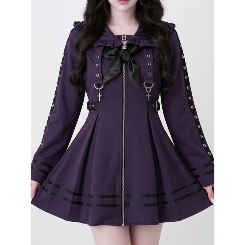 紫雾谜语 日系蕾服海军领拉链收腰连衣裙