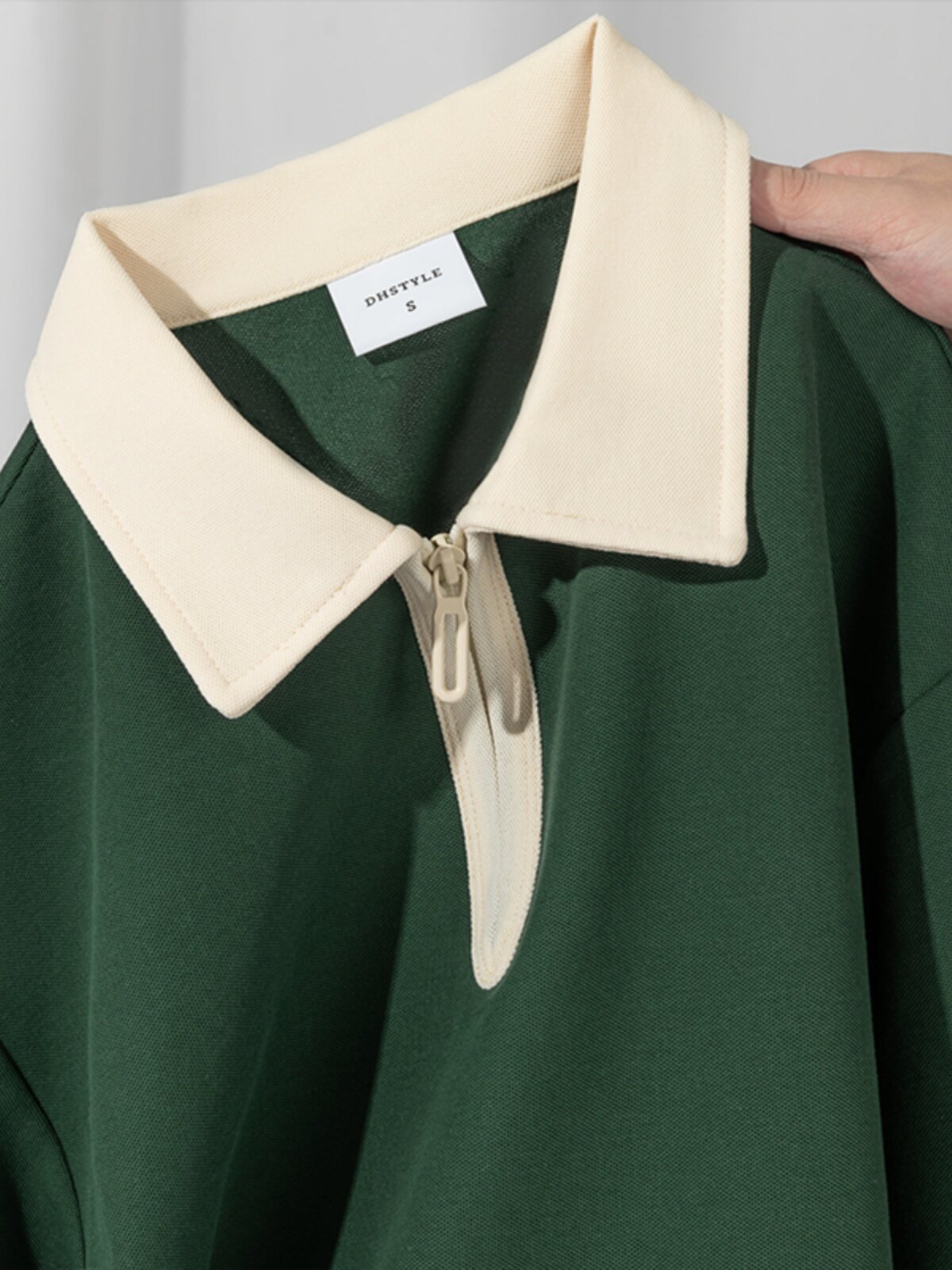 INK GREEN RICE APRICOT  HEAVYWEIGHT HALF-ZIP COTTON-PIQUE SHORT-SLEEVED POLO SHIRT FOR SUMMER FASHION LOOSE MENS AND WOMENS SHIRTS