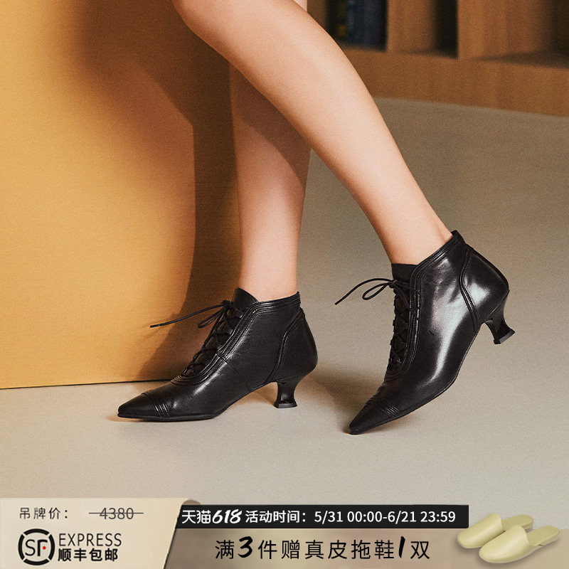 Patricia/帕翠亚西班牙原产2024秋冬新品系带优雅猫跟矮靴82368