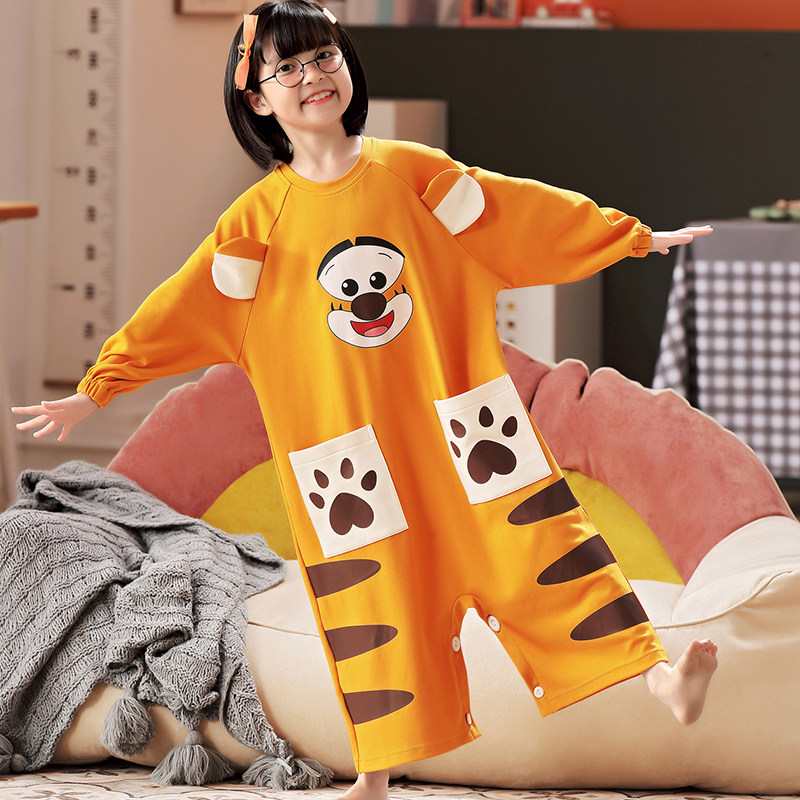 CHILDRENS ONE-PIECE PAJAMAS SUMMER COTTON MIDDLE AND LARGE CHILDREN CHILDREN GIRLS THIN KICK-PROOF LONG-SLEEVED BABY CUTE LOUNGEWEAR