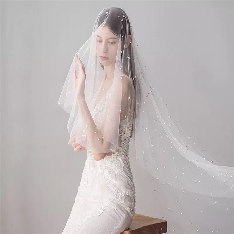 长款白色头纱珍珠裸纱婚纱照头饰旅拍道具简约盖头软纱
