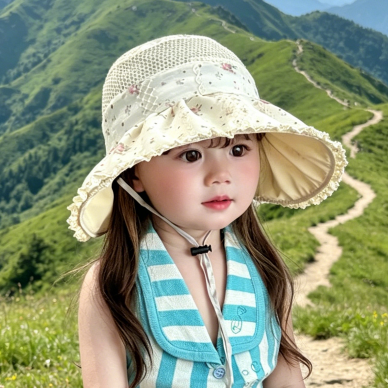 儿童防晒帽子夏季女童遮阳帽空顶透气女宝宝太阳帽大檐公主田园风