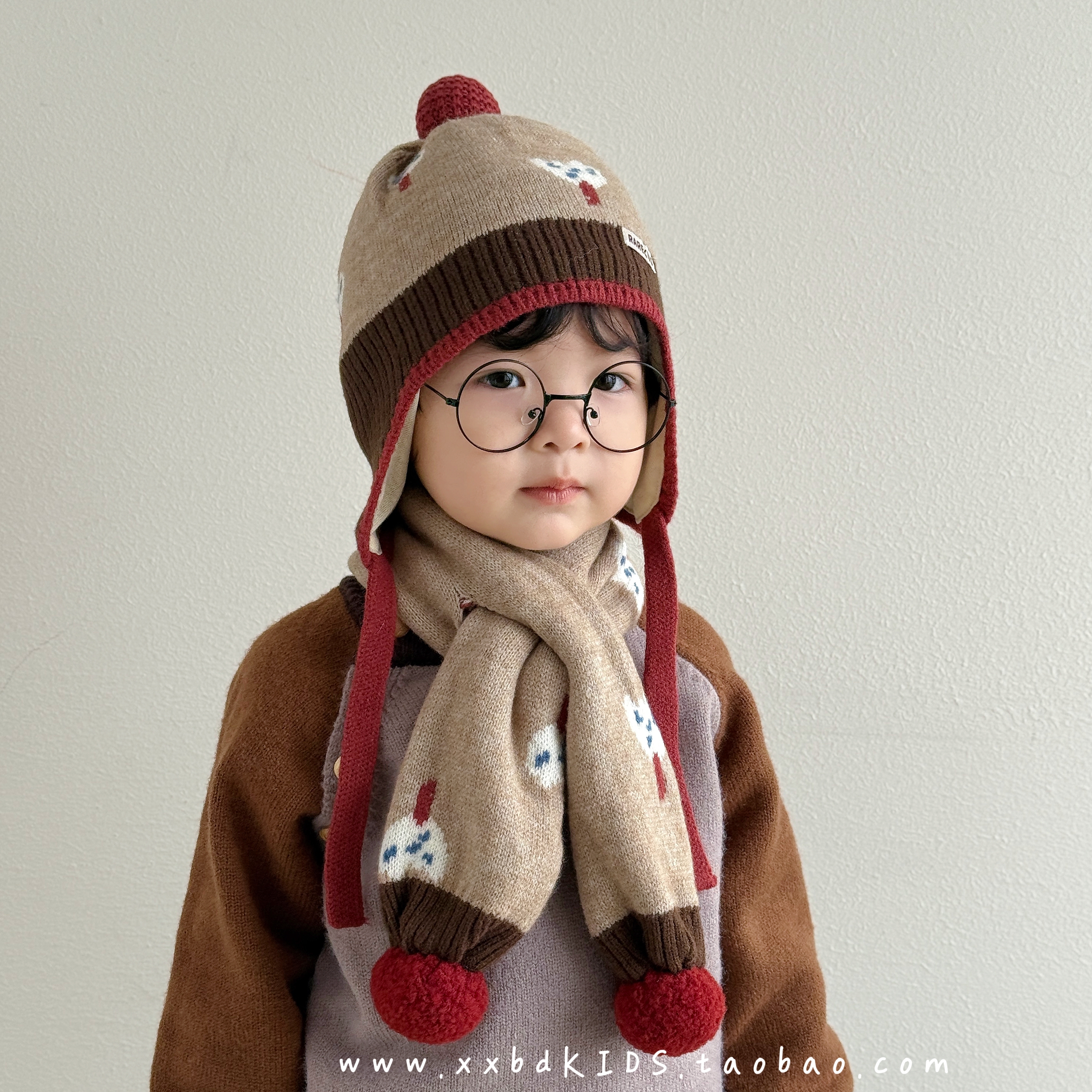 儿童帽子围巾两件套秋冬季男童宝宝带内衬针织毛线帽女孩保暖护耳