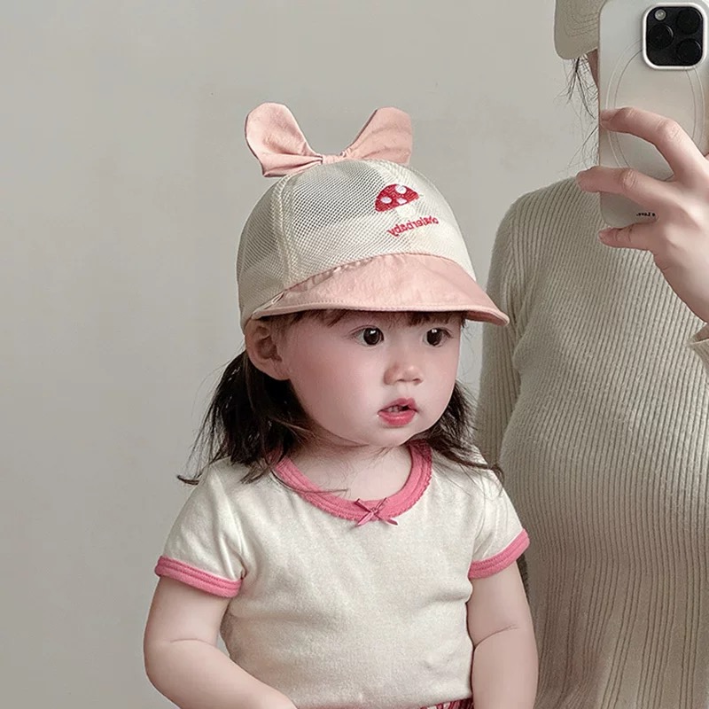 INS婴儿帽子女宝宝蝴蝶结渔夫帽夏天蘑菇刺绣盆帽洋气遮阳帽薄款
