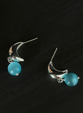 vogueess夏新品清透蓝色猫眼石耳环白月光晶莹耳钉925银针修脸型