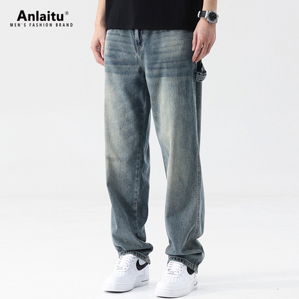 Vintage Workwear Men's Jeans Autumn Trendy Brand Fashion Loose Straight-Leg Trousers Men's Wide-Leg Washed Casual Pants