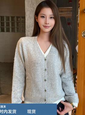 韩系灰色假两件V领针织开衫女早秋撞色拼接毛衣外套宽松长袖上衣