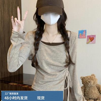 抽绳假两件短款上衣女早秋内搭打底衫琥珀流光穿搭美拉德长袖t恤
