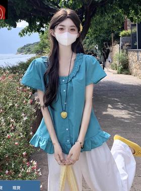 湖蓝色棉麻短袖上衣女夏季多巴胺独特漂亮法式小资仙仙娃娃衫T