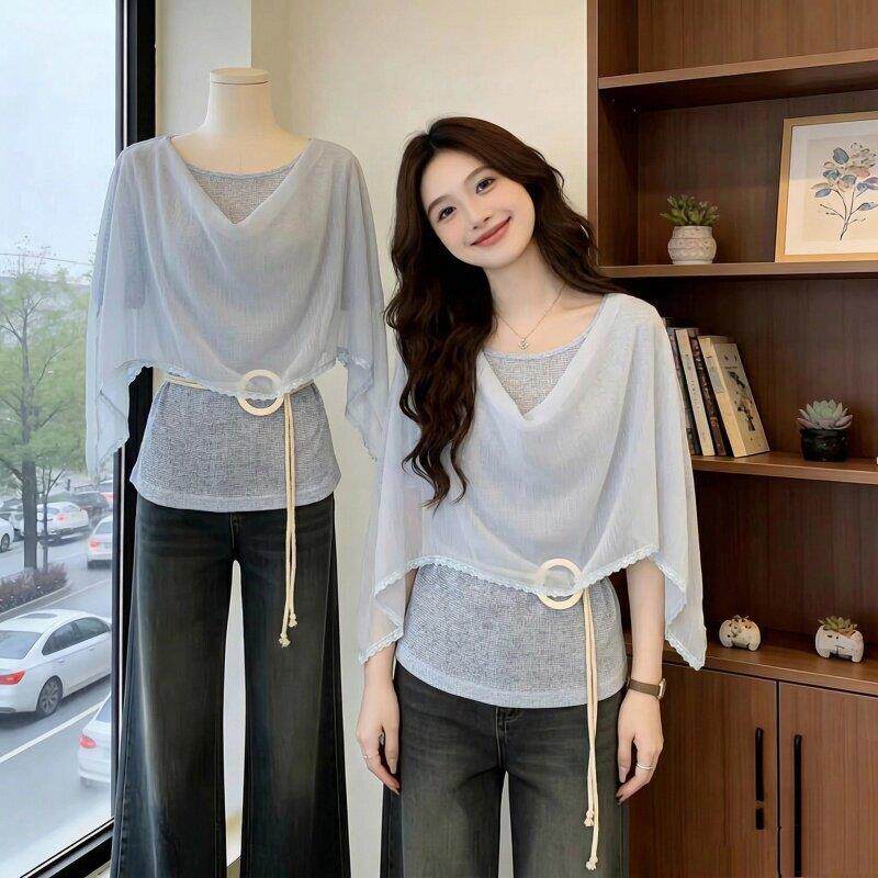 浅蓝色雪纺斗篷披肩短袖T恤女2026新款夏大码胖mm收腰假两件上衣