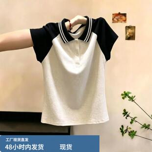 撞色拼接插肩袖Polo领短袖T恤女夏季微胖大尺码宽松百搭超好看上