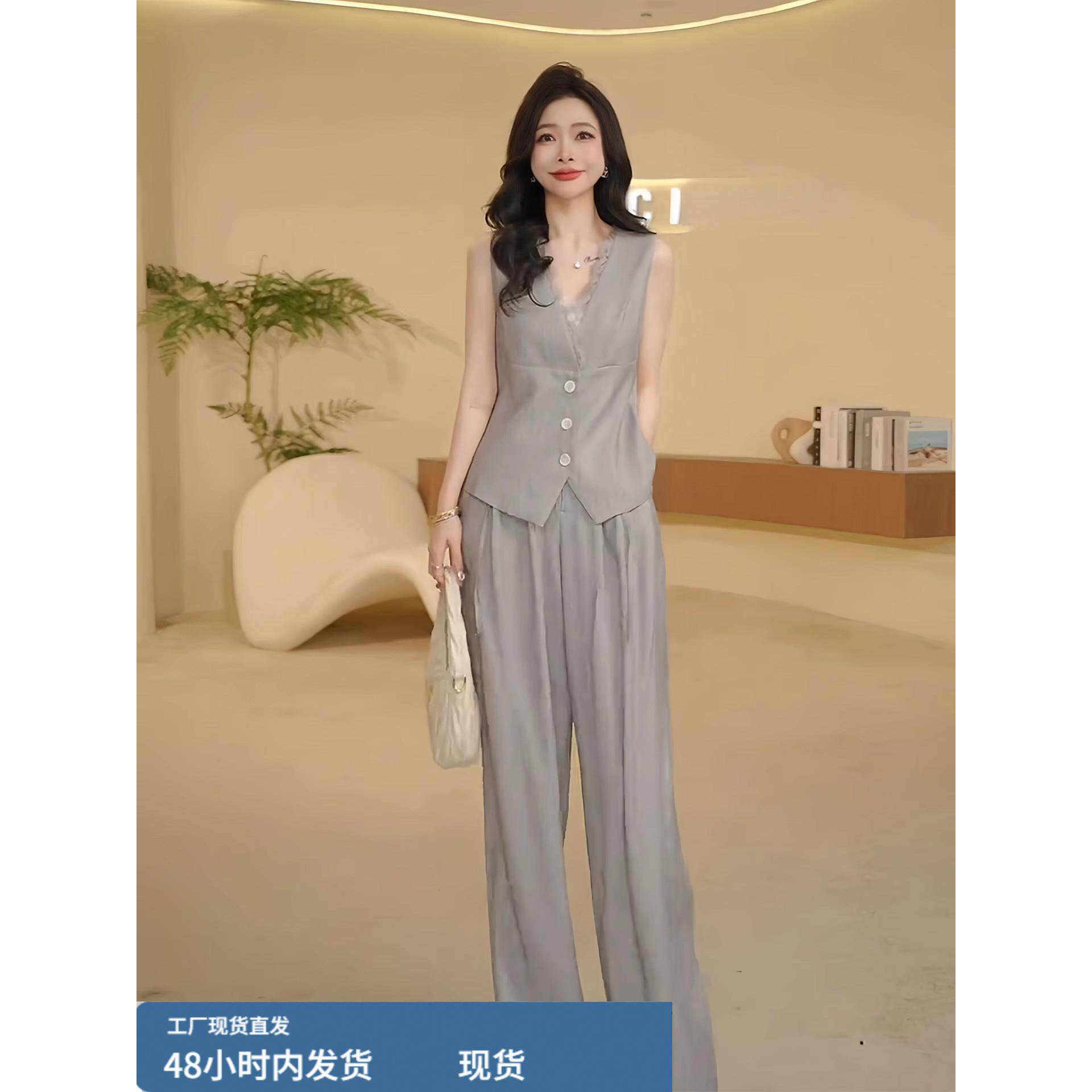 一件巨大而美丽的夏装，全套韩式高端减龄瘦身运动休闲背心和阔腿