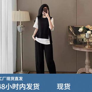 时尚洋气休闲运动套装女士夏季大码欧货假两件上衣七分裤子两件套