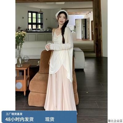 法式慵懒松弛感穿搭套装女夏季不规则垂折领防晒罩衫阔腿裤裙两件