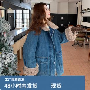 羊羔毛拼接牛仔鹅绒派克羽绒服女冬超好看高级感加绒加厚工装外套