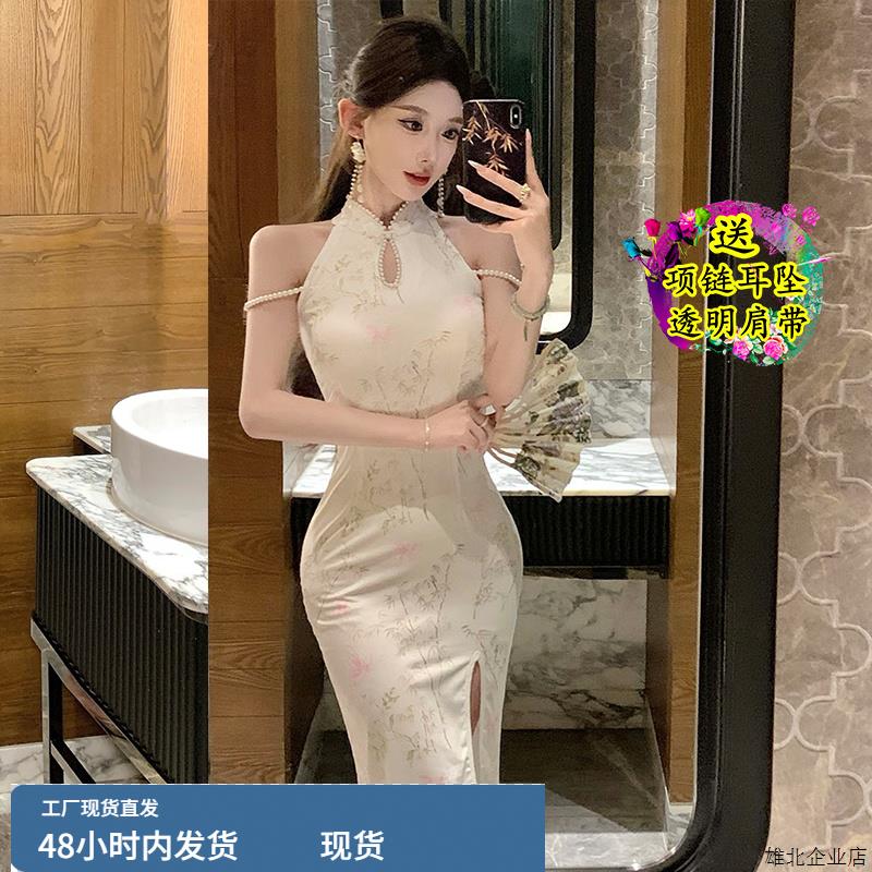 新中式复古国风洋气少女小礼服时尚减龄露肩旗袍钉珠印花连衣裙