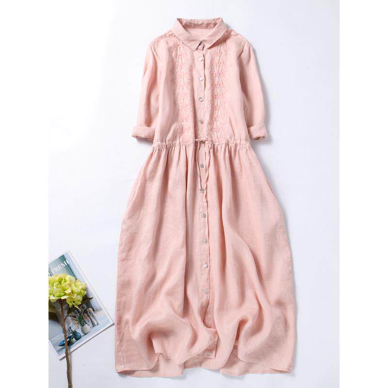 复古文艺大码棉麻刺绣翻领长袖内搭亚麻女士连衣裙子2026新款春秋