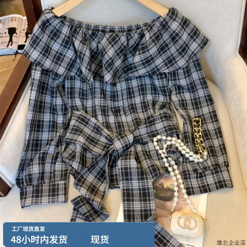 荷叶边一字肩棉麻格子上衣女早秋COSPLAY配件/