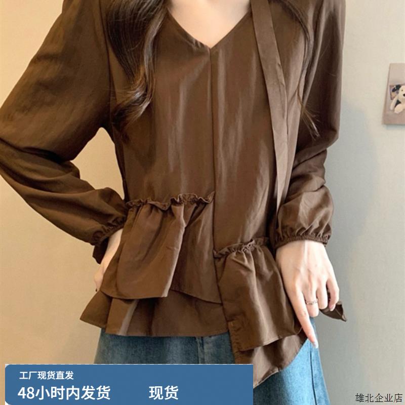 咖色美拉德挂脖棉麻衬衫女早秋不规则荷叶边法式设计感独特小上衣
