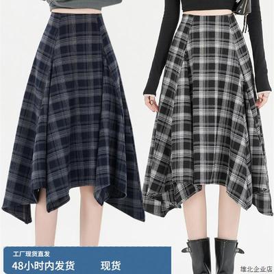 格子半身裙女秋冬季2025新款中长款高腰显瘦覆古不规则a字大摆裙