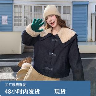 羊羔毛拼接牛仔羽绒服女冬超火好看高级小众独特漂亮短款加厚外套