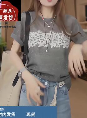 欧货重工蕾丝贴布灰色正肩短袖圆领T恤女夏小众宽松显瘦半袖上