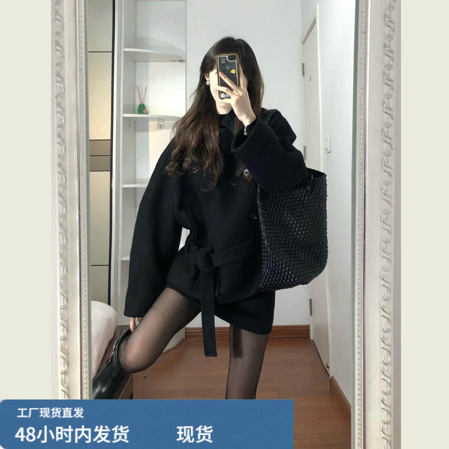 黑色立领廓形短款毛呢外套女秋冬季新款小个子百搭系带呢子大衣,运动/瑜伽/健身/球迷用品,广场舞套装,淘宝优惠券,粉丝福利购,淘宝优惠卷