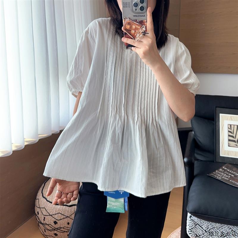 盐甜系娃娃衫文艺风琴褶宽松衬衫女 甜美A摆显瘦气质短袖上衣夏