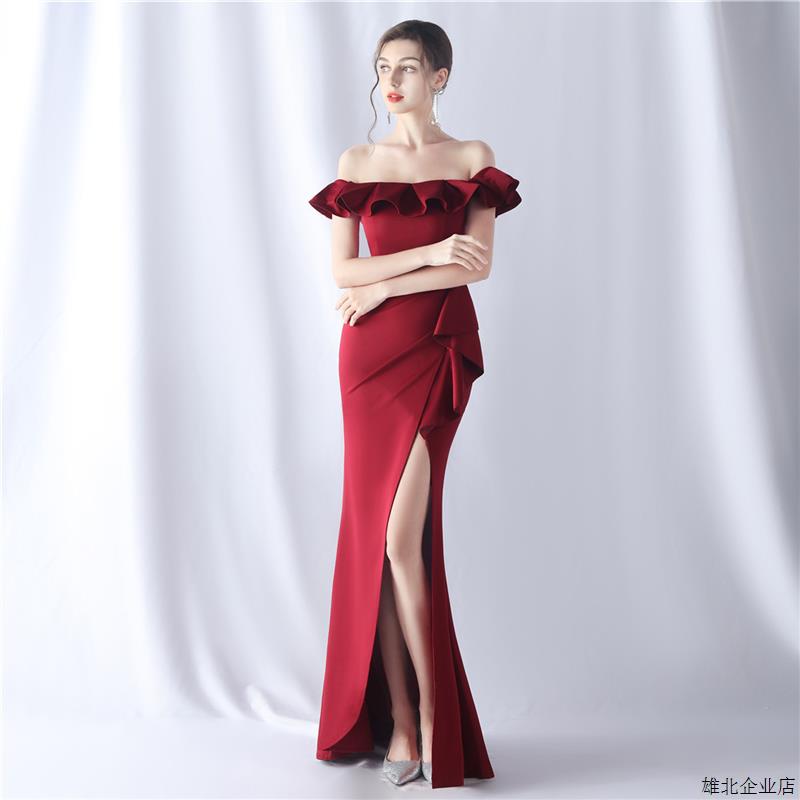 酒红色晚礼服女名媛性感荷叶边一字领露肩开叉包臀白色连衣裙长裙