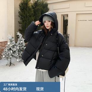 黑色连帽短款高级感羽绒服2025新款女冬韩版显瘦百搭保暖90绒外套