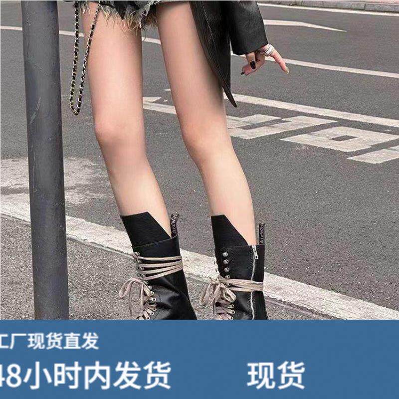 马丁靴女英伦风2025秋季小个子机车靴绑带短靴潮圆头增高显瘦